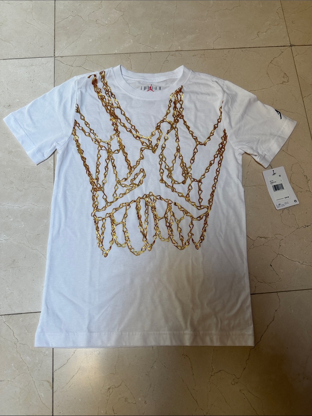 Jordan White Tee with Gold Chain Graphic